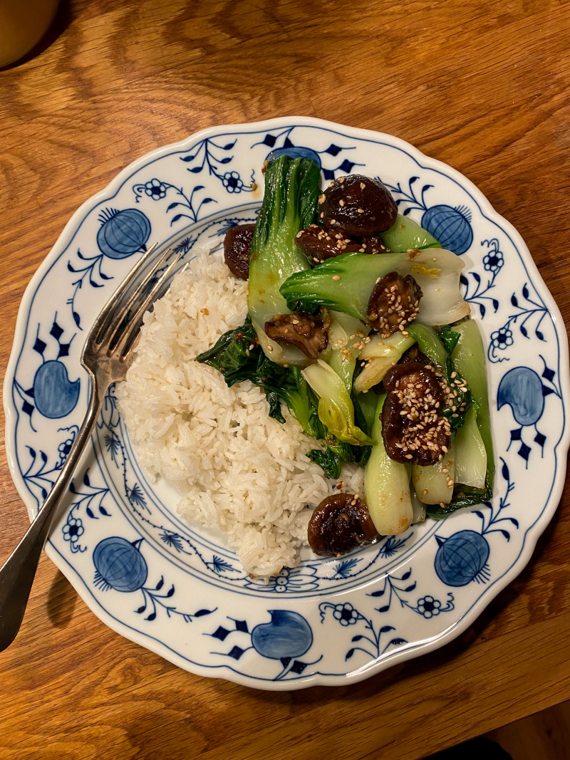 Rice with glazed shiitakes and bok choy